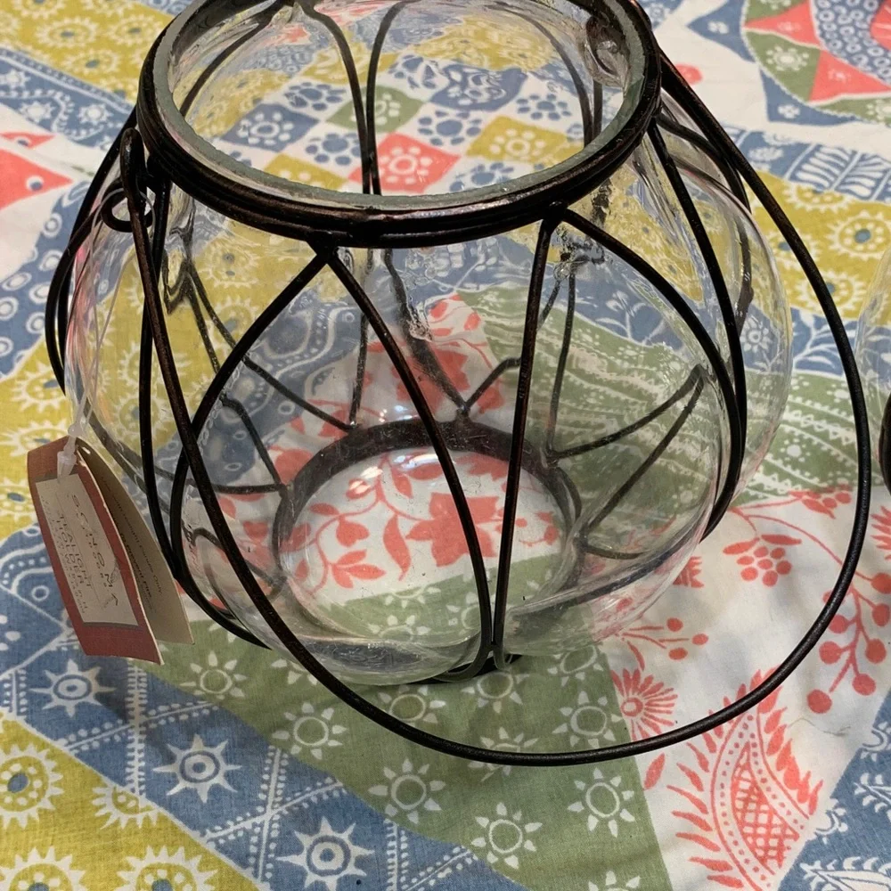 Sonoma Coppery Black Wire Glass Tea Light Holder Lantern Pair